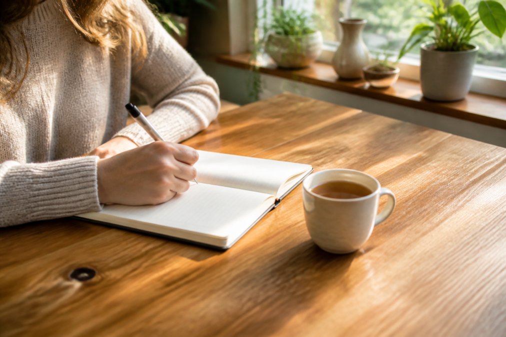 Person writing in a journal at a wooden desk with a warm cup of tea and calm workspace, morning light streaming through window, notebook open with pen in hand