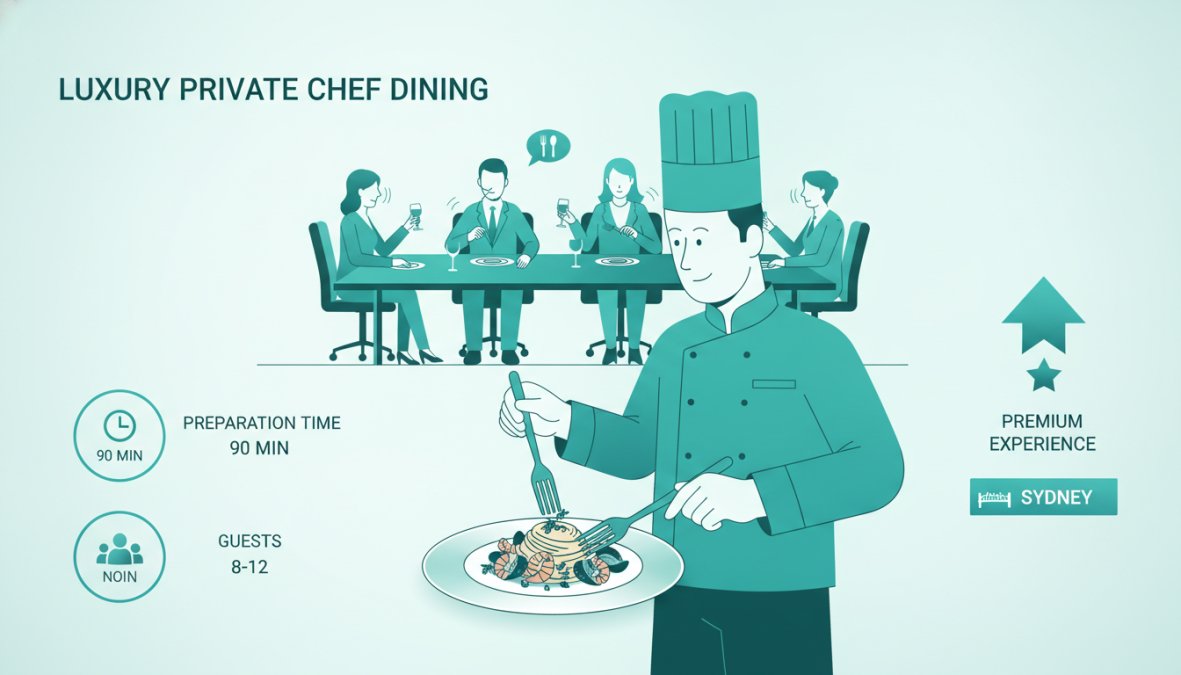 Professional private chef in white chef's coat plating an elegant Italian pasta dish with fresh herbs at a polished boardroom table while executives dine in soft background lighting