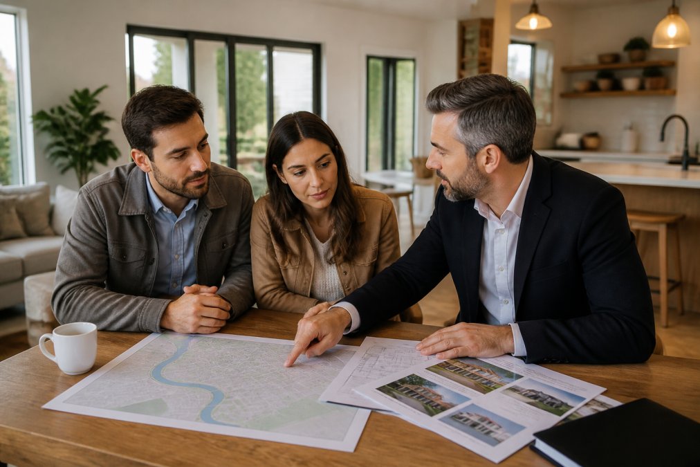 Agent immobilier expérimenté discutant avec des clients dans un bien résidentiel, montrant des documents d'estimation et pointant des caractéristiques du quartier sur une carte locale