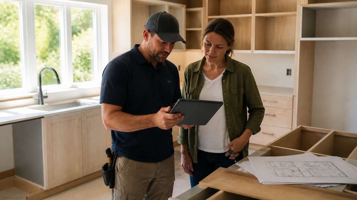 Homeowner and professional kitchen installer discussing renovation plans at the kitchen site, both reviewing design sketches on a tablet with natural light from kitchen windows