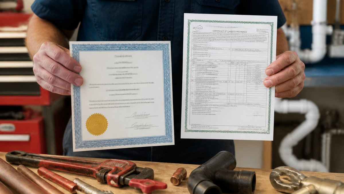 Professional plumber's hands holding a valid state license certificate and insurance documentation next to standard plumbing tools on a workbench