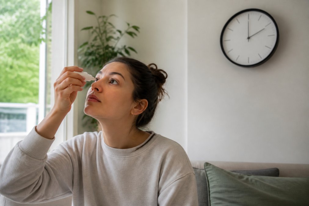 A relaxed patient in a bright modern living room gently applying lubricating eye drops while glancing at a clock on the wall, soft natural light through windows conveying a peaceful recovery process