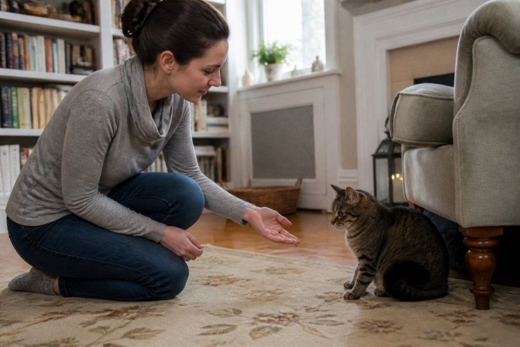 Professional cat sitter meeting a shy tabby cat to answer questions to ask cat sitters during a home visit