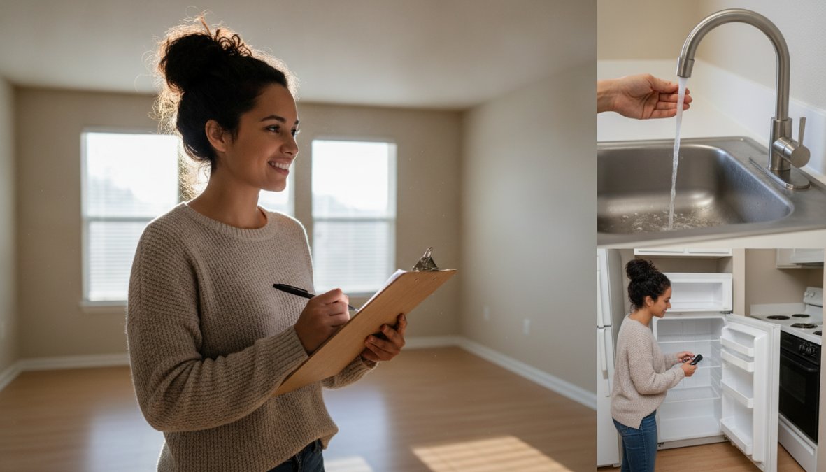 A prospective tenant holding a clipboard and pen, inspecting an apartment's living room while checking water pressure at a sink and examining stainless steel appliances in natural daylight