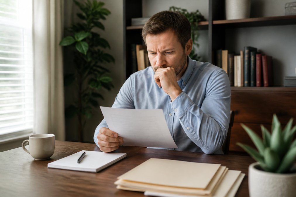 A person reviewing a legal document at a desk with a pen and notepad, looking thoughtful and focused in a home office setting