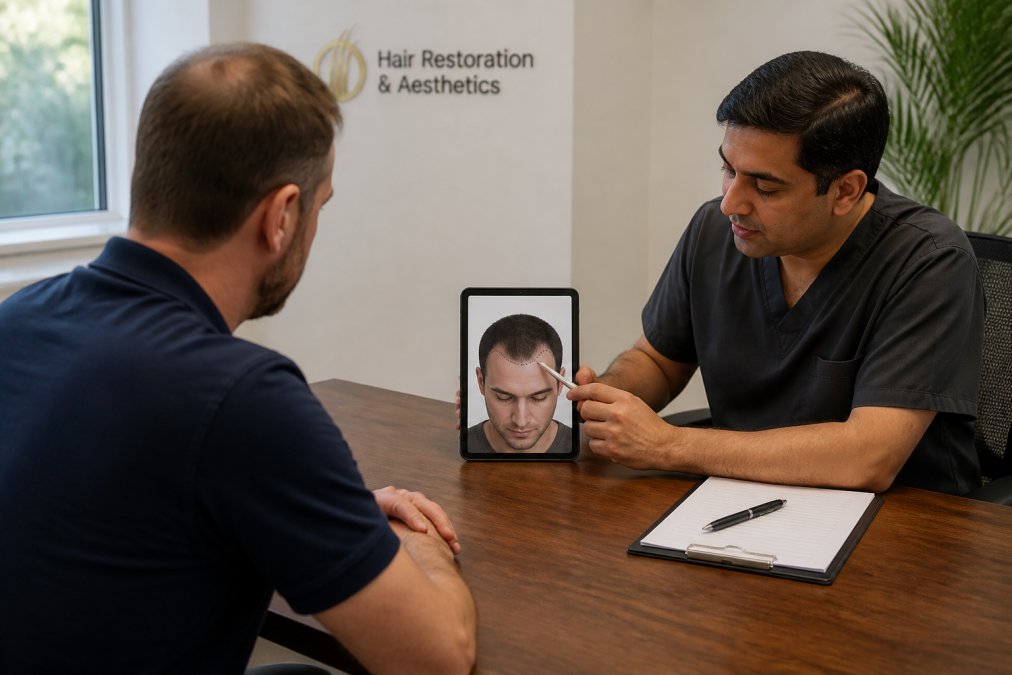 Patient reviewing a hairline design diagram with their hair transplant surgeon during a consultation