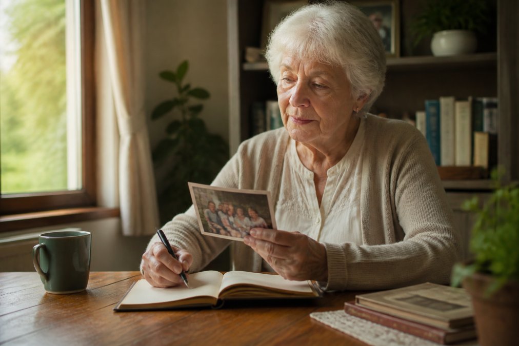 An older woman sitting at a wooden desk with a pen and journal, looking thoughtfully at a photograph of her family, warm natural light from a window