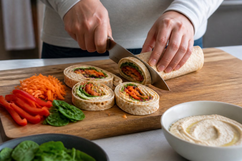 Parent slicing a rainbow veggie wrap with hummus for healthy lunch ideas on a wooden cutting board