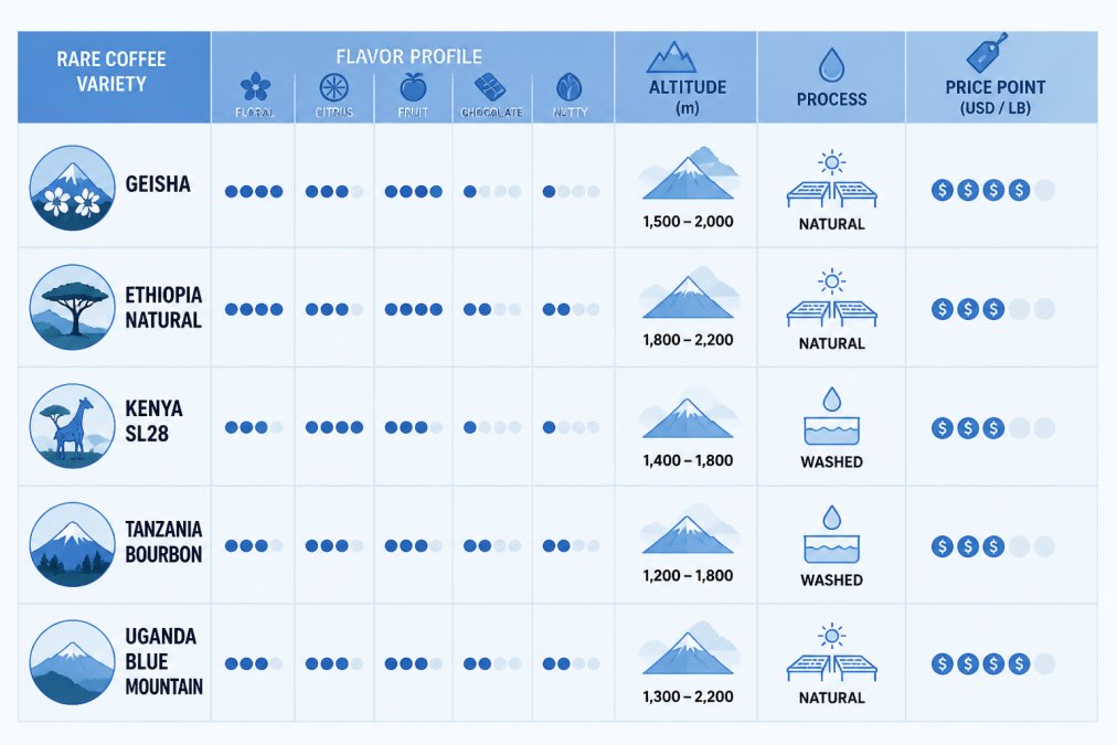 Visual comparison chart showing rarest coffee varieties