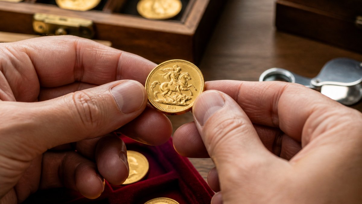 Close-up of hands examining the fine detail and luster of a gold coin under natural light for authentication