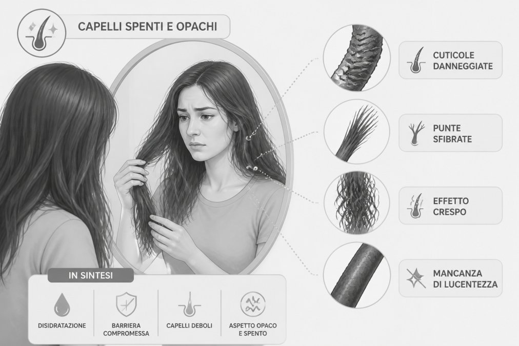 Woman examining dull, lifeless hair in mirror, with visible damage and lack of shine, showing the problem state