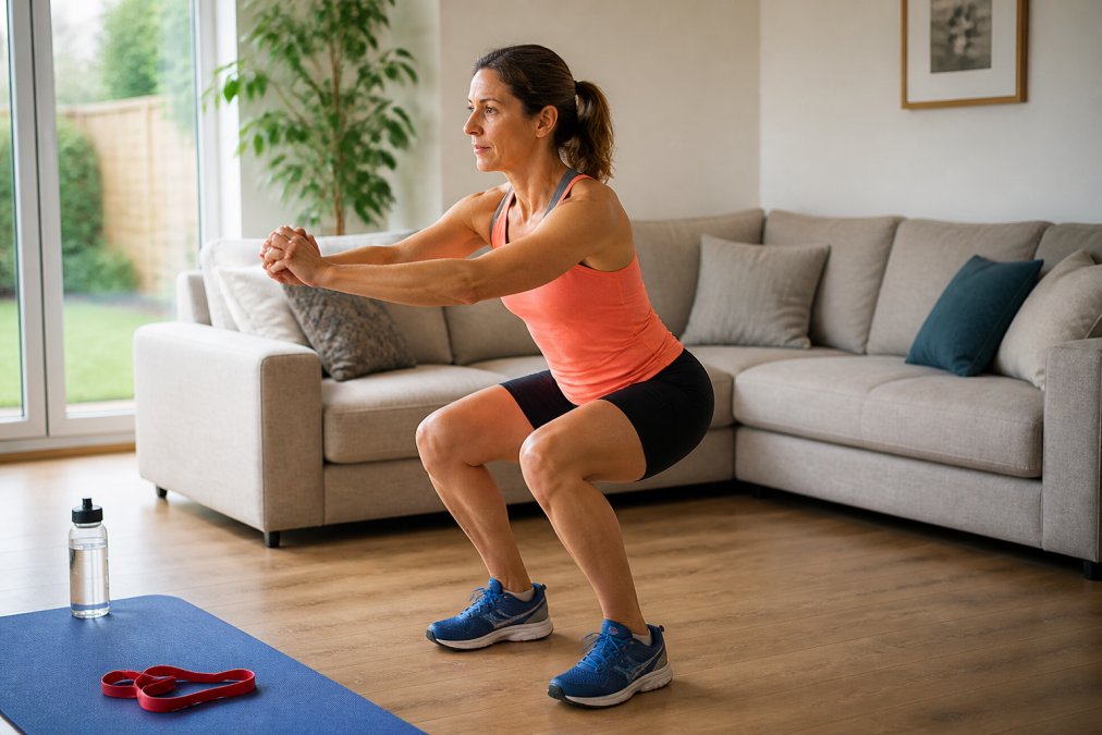 A woman in her forties doing a bodyweight squat in a bright living room, wearing running gear, with a yoga mat and resistance band nearby