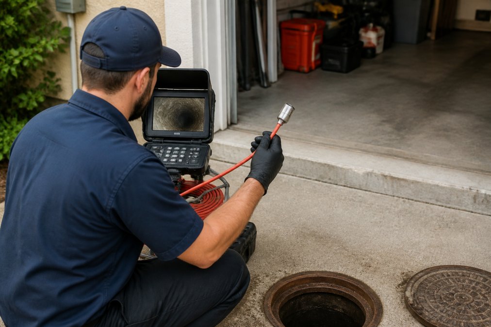 Licensed plumber holding professional sewer camera inspection device with monitor display, showing the flexible cable and waterproof camera head used for underground pipe diagnostics