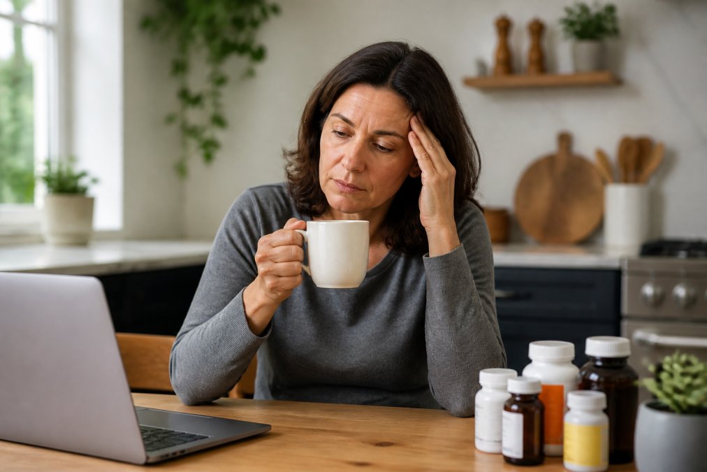Infographic diagram linking daily habits to cellular aging symptoms in a tired woman at a kitchen table