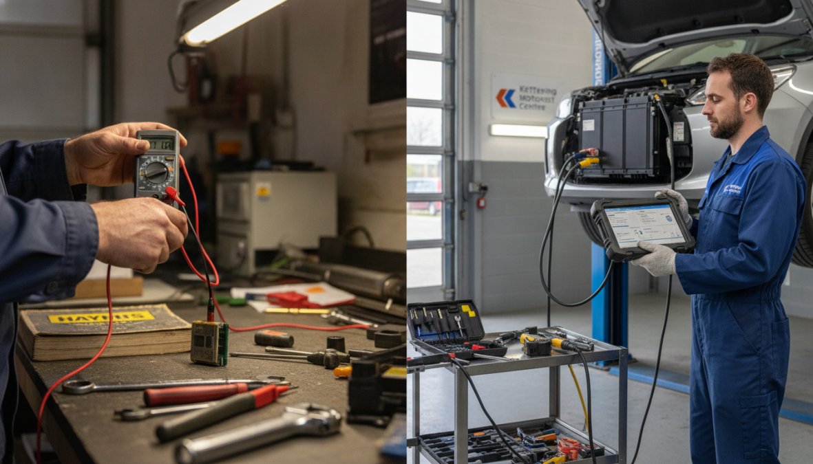 Technician using advanced diagnostic scanner on hybrid vehicle battery system in professional workshop with diagnostic equipment visible
