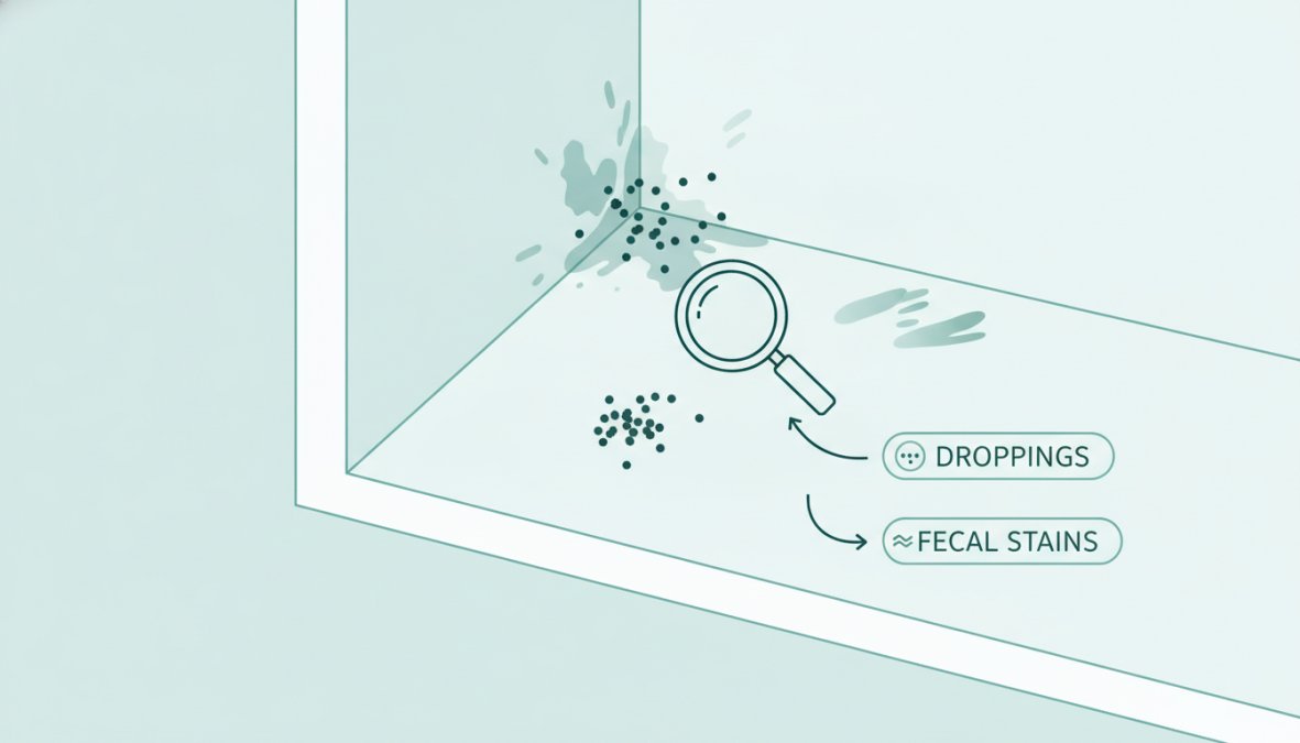 Close-up of kitchen cabinet shelf corner showing small dark pepper-like droppings scattered on white surface and wood stain