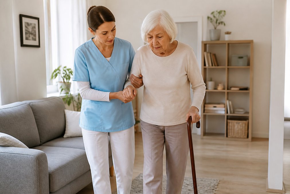 A compassionate caregiver gently assisting a senior with walking in a bright, comfortable living room with soft natural light