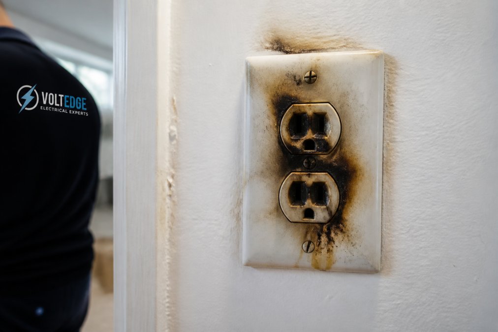 Close-up of a discolored electrical outlet with dark burn marks and charred faceplate on a white wall, showing visible heat damage