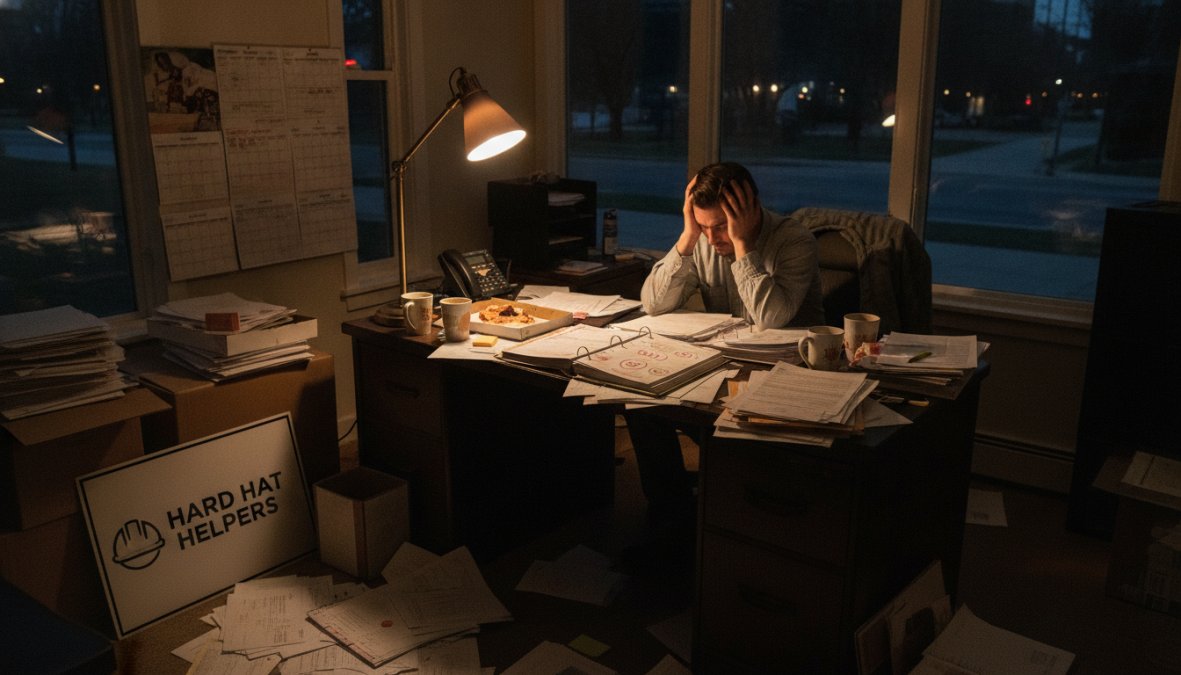 Exhausted business owner working late at night at their desk with multiple screens, coffee cup, and stacks of paperwork visible under dim office lighting