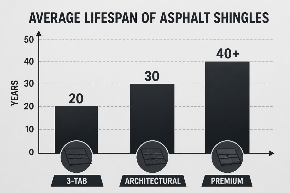 Bar chart comparing average lifespan of asphalt shingles: 3-tab 20 years, architectural 30 years, premium 40+ years