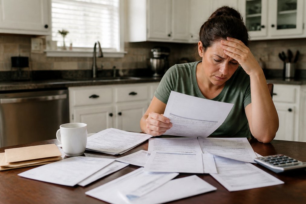 Stressed homeowner sitting at kitchen table reviewing mortgage documents and past-due notices with scattered bills and financial papers, worried expression visible