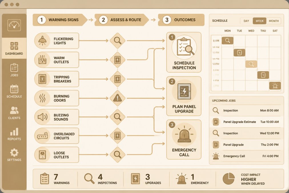 Decision flowchart mapping warning signs (flickering lights, warm outlets, tripping breakers, burning odors, buzzing, overloaded circuits, loose outlets) to three outcomes: schedule inspection, plan panel upgrade, emergency call