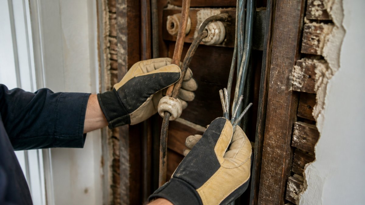 Close-up of an electrician's gloved hands inspecting exposed knob-and-tube wiring and aged aluminum conductors inside an open wall cavity of an older home