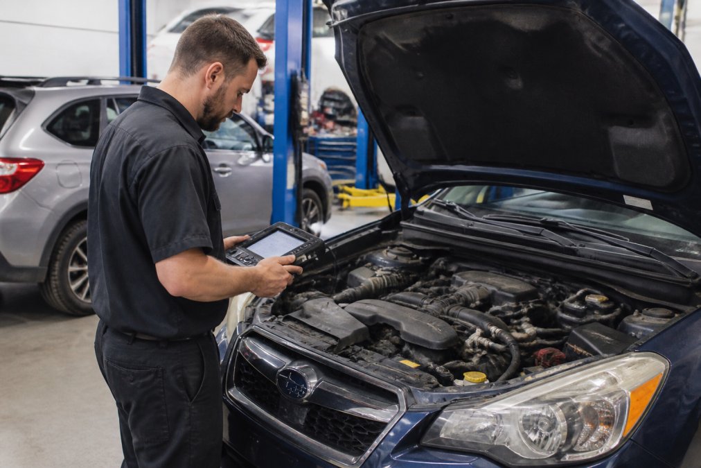 Certified technician performing transmission diagnostics on a Subaru using electronic diagnostic equipment in a professional repair shop, focused on the scan tool display