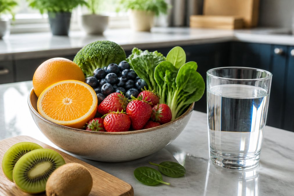 A bowl of fresh citrus, leafy greens, and berries to support immune system strength on a bright kitchen counter.