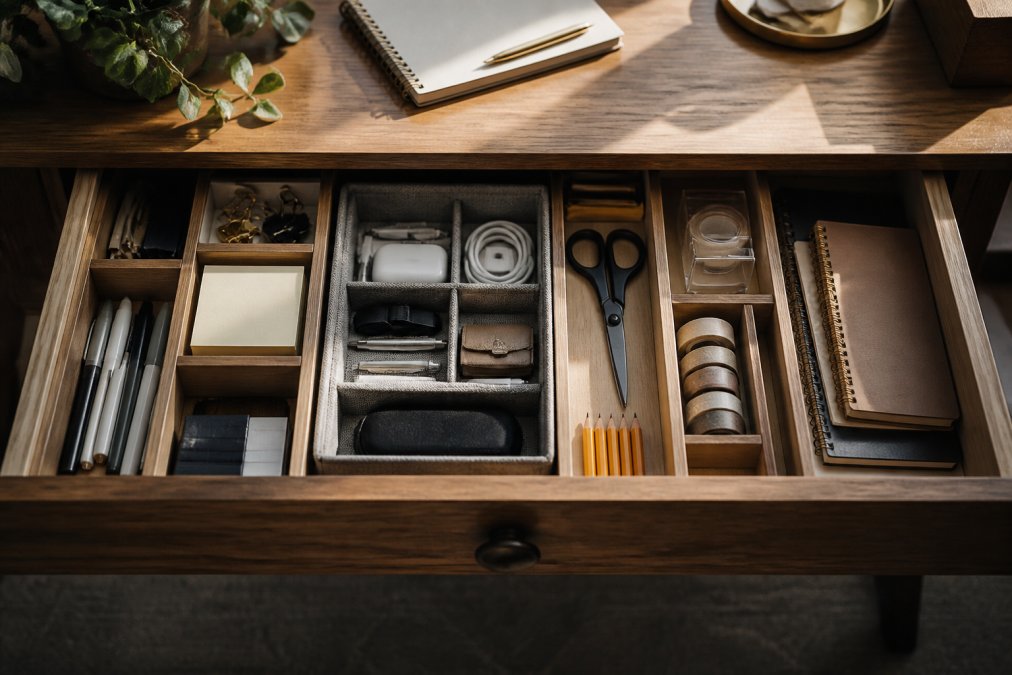 An organized desk drawer with labeled compartments and fabric bins holding office supplies in natural light