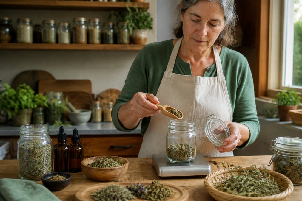 A woman in her 50s standing in a bright kitchen, measuring dried herbs into a glass jar with a small scale and dropper bottles on the counter