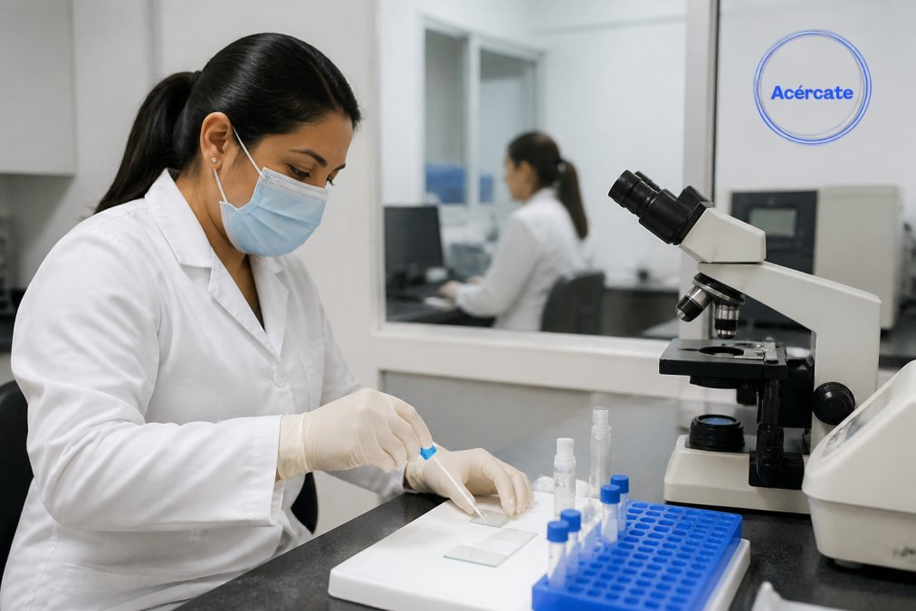 Laboratorio moderno con profesional de la salud preparando muestras de células para pruebas de detección de VPH, con equipamiento de análisis visible