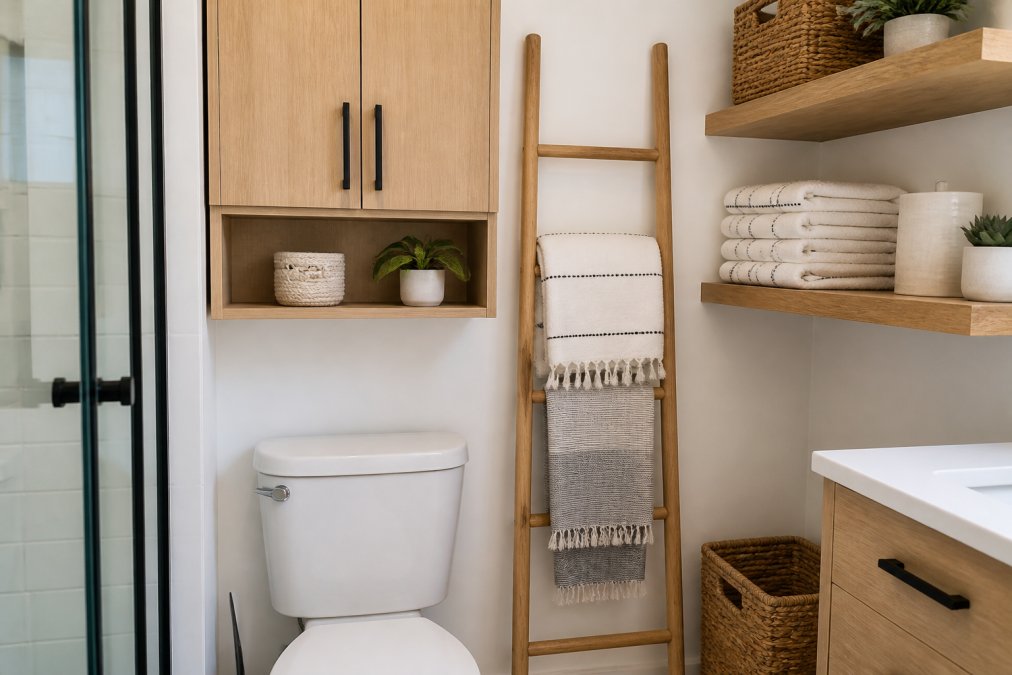 A bright, modern small bathroom in a Vancouver apartment featuring a wall-mounted over-the-toilet cabinet, a wooden towel ladder, and neatly organized floating shelves with folded towels and storage baskets
