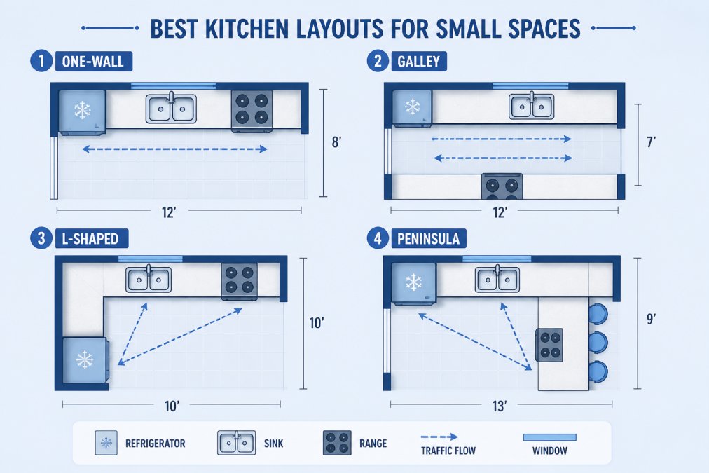 Four overhead floor-plan diagrams showing one-wall, galley, L-shaped, and peninsula layouts with dimensions, appliance placement, and traffic flow arrows