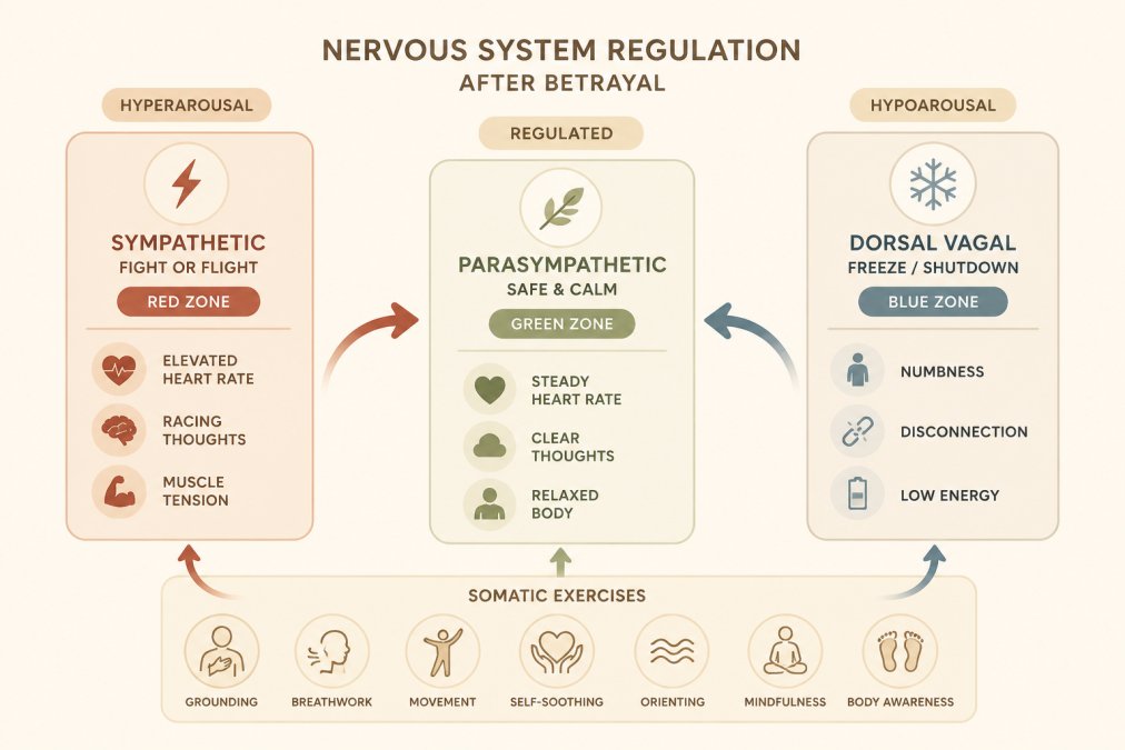 Diagram showing the autonomic nervous system states: parasympathetic (safe/calm/green zone), sympathetic (fight-or-flight/red zone with elevated heart rate, racing thoughts, muscle tension), and dorsal vagal (freeze/shutdown/blue zone with numbness, disconnection). Arrows showing how somatic exercises shift from hyperarousal or hypoarousal back to the green zone of regulation.