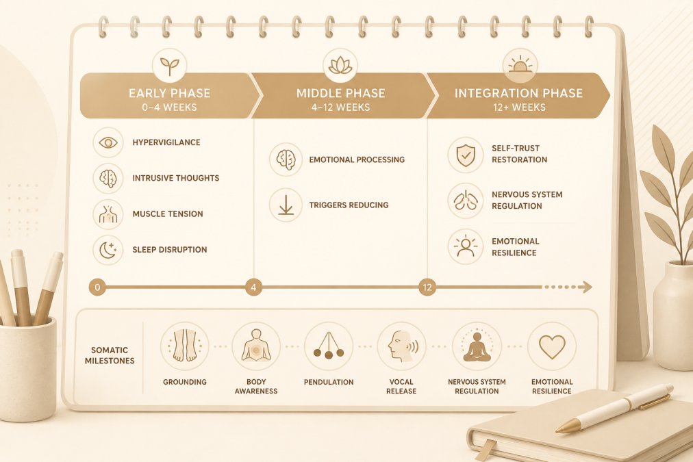 Timeline showing betrayal trauma recovery phases: Early Phase (0-4 weeks: hypervigilance, intrusive thoughts, muscle tension, sleep disruption) with somatic milestones (grounding techniques, body awareness building), Middle Phase (4-12 weeks: emotional processing beginning, triggers reducing, pendulation practice, vocal release work), Integration Phase (12+ weeks: self-trust restoration, nervous system capacity increasing, resilience building, maintenance practice). Color-coded zones showing progression from red (hyperarousal) through yellow (processing) to green (regulation).
