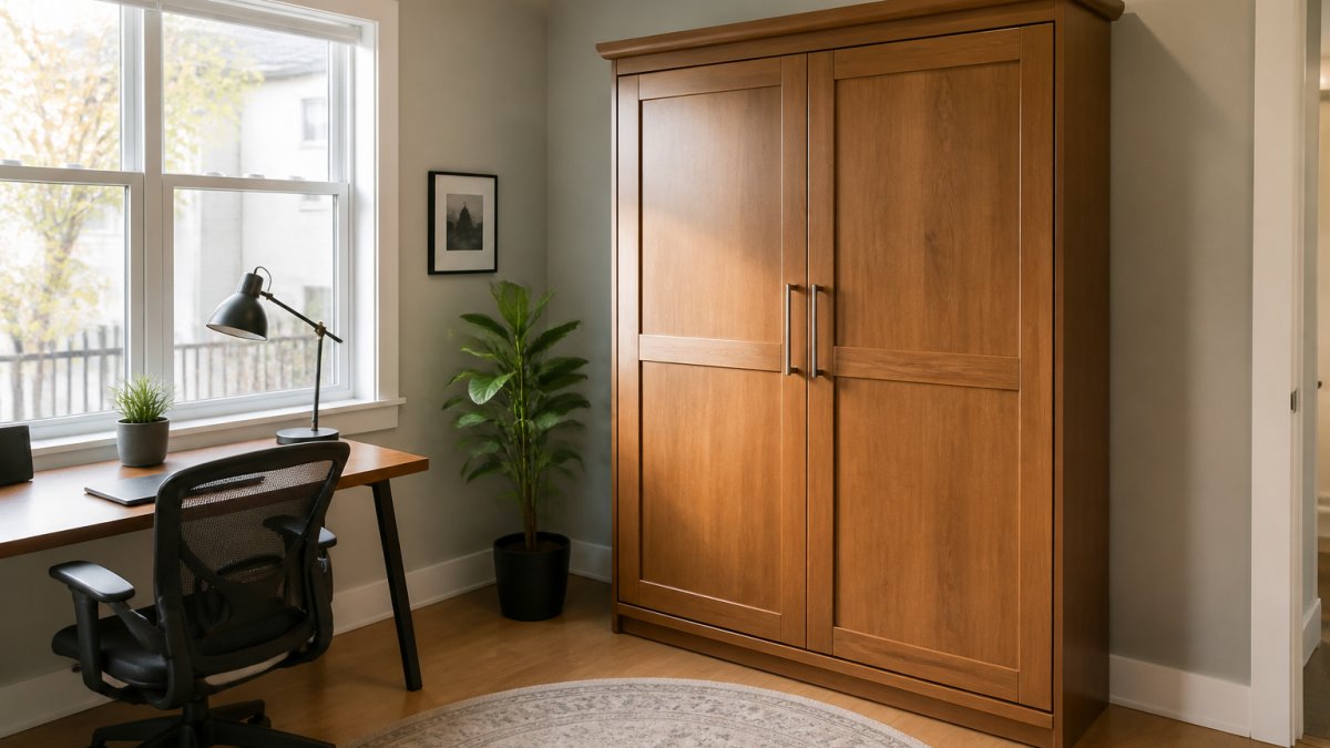 Solid wood Murphy cabinet bed in a bright home office with a desk lamp and chair by a window