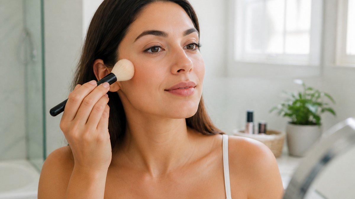 Woman using a fluffy brush to apply blush upward on her cheekbone for a lifted effect in a bright vanity mirror