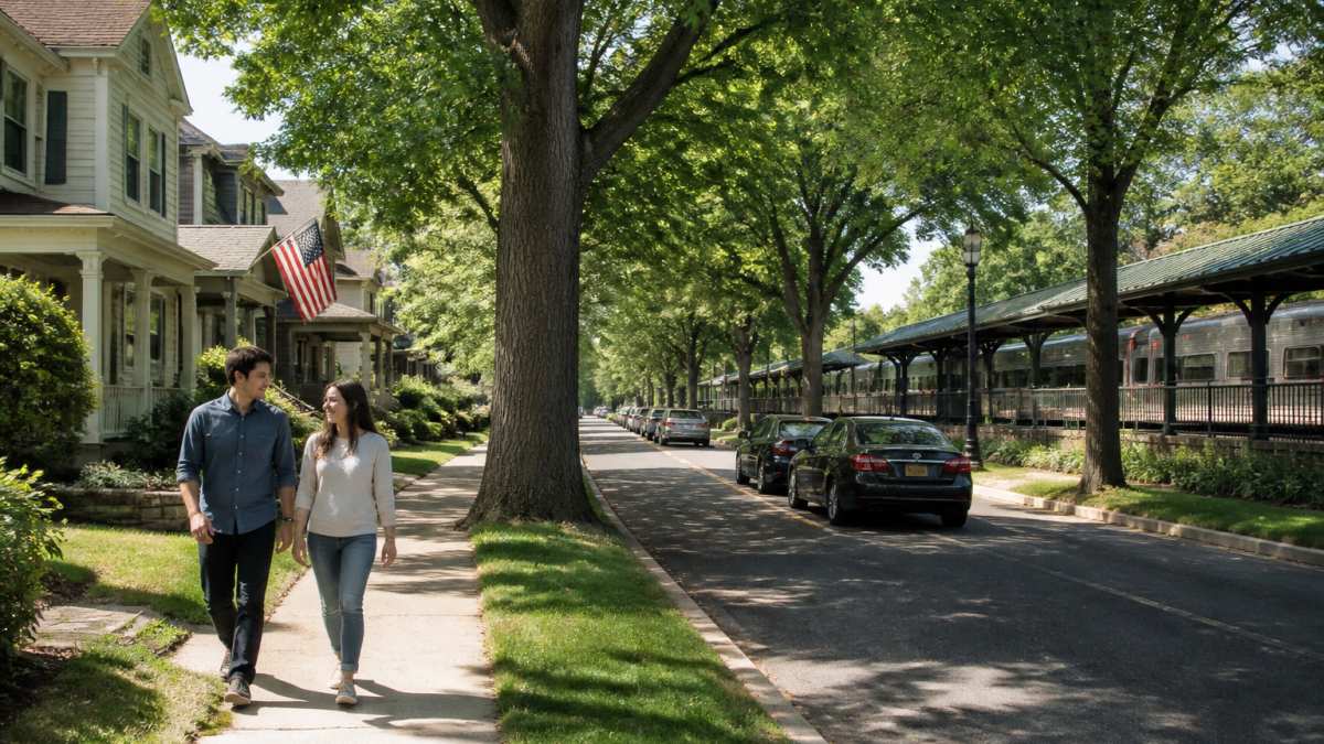 Young couple walking through tree-lined suburban neighborhood with well-maintained homes, green lawns, and commuter train station visible in the distance