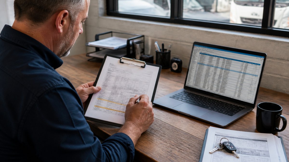 A fleet manager at a desk reviewing a clipboard with vehicle registration documents and a laptop showing a spreadsheet of vehicle details, with keys and a coffee mug nearby in a bright office