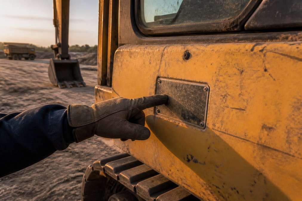 Close-up of a gloved hand pointing to a worn metal serial number plate bolted to the upper structure of an excavator, dusty job site in background, late afternoon light