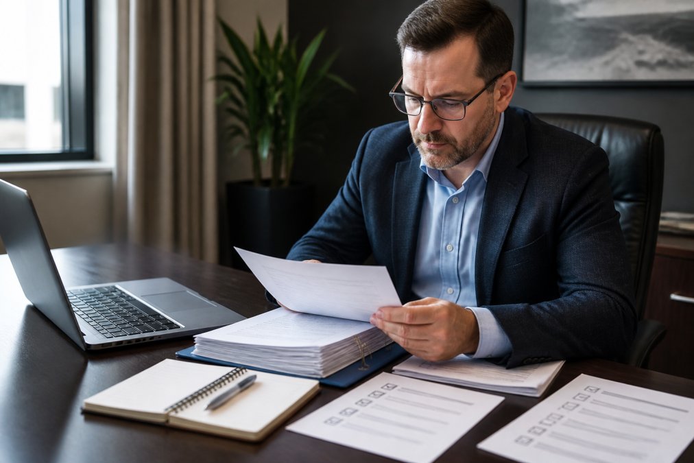 Professional hotel IT director reviewing compliance documentation and security audit reports at desk with laptop and printed checklists in modern office setting