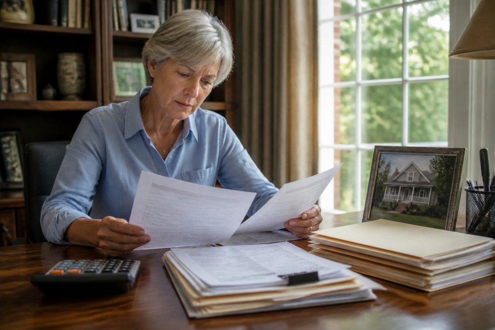 Estate administrator sitting at wooden desk reviewing probate documents and property paperwork, with a calculator, file folders, and a framed photo of an inherited house visible, natural window light streaming across the workspace