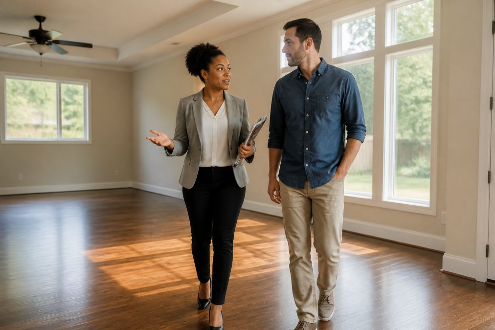Real estate agent and prospective homebuyer walking through a vacant probate house together, discussing the property with natural sunlight streaming through tall windows, hardwood floors visible, agent holding listing paperwork