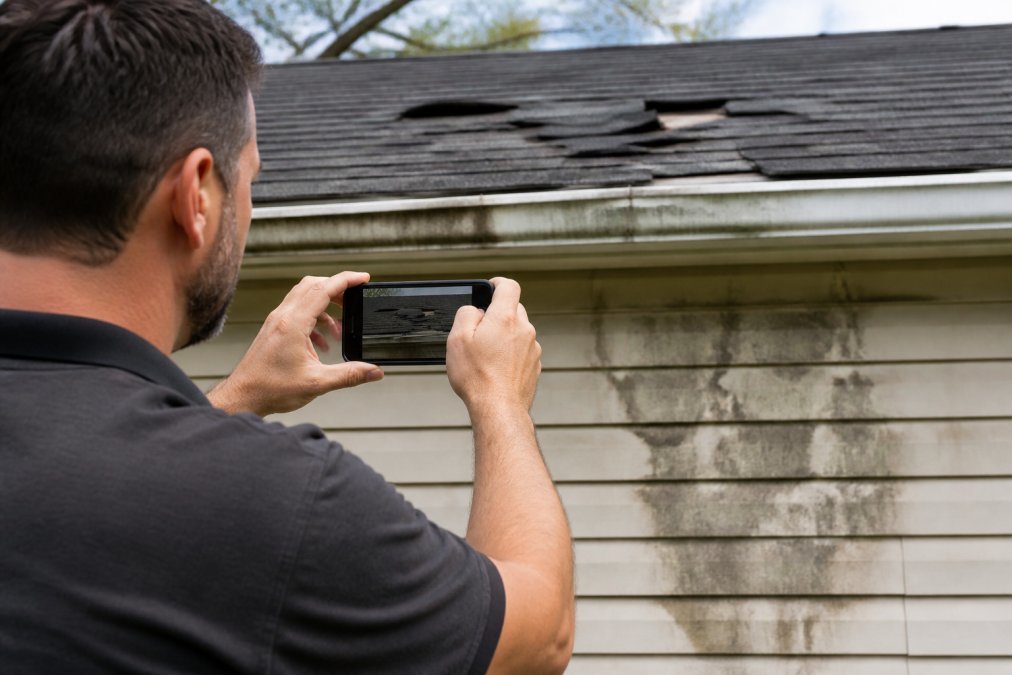 Homeowner photographing roof damage with smartphone, capturing close-up of damaged shingles and water stains on exterior wall in natural daylight