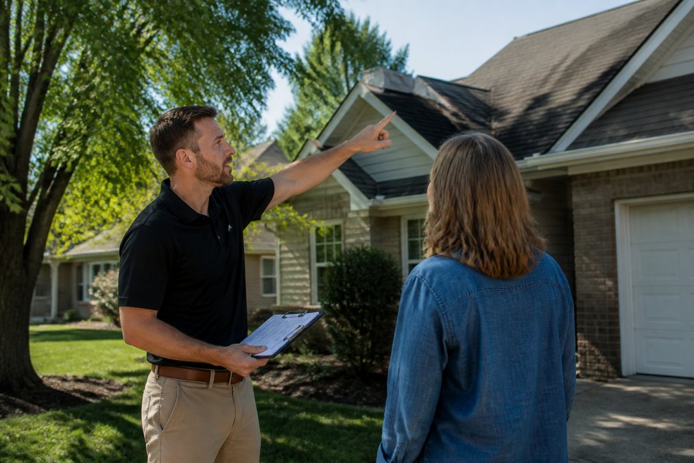 Professional roofing contractor meeting with homeowner on residential property, reviewing damage assessment documents and pointing to roof area during inspection on clear day