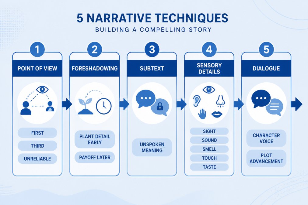 Flowchart showing five narrative techniques: Point of View (First, Third, Unreliable) → Foreshadowing (plant detail early, payoff later) → Subtext (unspoken meaning) → Sensory Details (sight, sound, smell, touch, taste) → Dialogue (character voice, plot advancement)