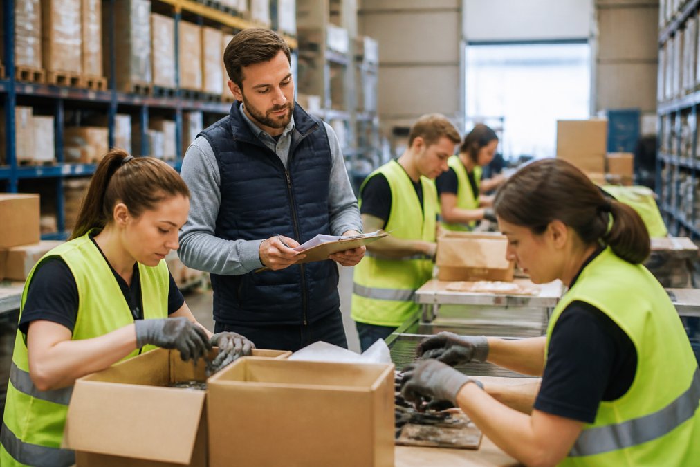 Team operativo in magazzino che coordina le attività durante un picco stagionale, con personale che lavora a diverse postazioni di assemblaggio e controllo qualità, con supervisore che monitora i flussi di lavoro