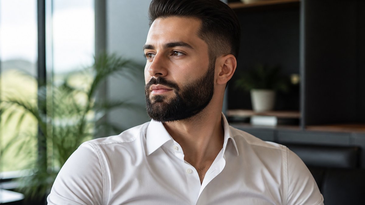 Close-up d'un homme en chemise blanche dans un bureau moderne, barbe pleine taillée avec lignes nettes sur les joues et le cou, lumière naturelle, expression confiante