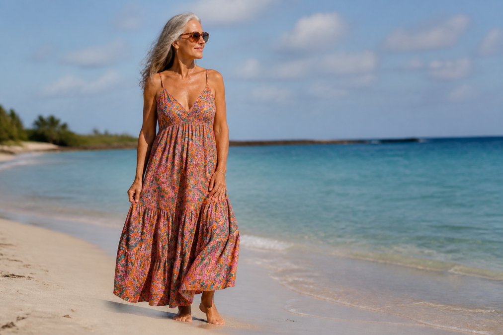 Woman over 50 wearing a flowing hand block-printed sundress in vibrant colors standing confidently on a beach with soft ocean backdrop, showing relaxed and effortless style
